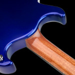 Neck joint closeup, custom guitar, Alder body, Cobalt Blue finish. Clone model