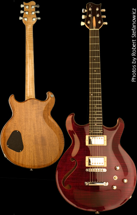 Carved double cut-away chambered Mahogany body with bookmatched carved B.C. flame Maple top, featuring one custom sound hole. Trans Red finish with natural back, Natural binding.