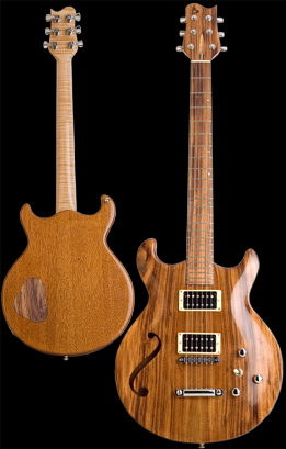 Phoenix Custom guitar, Carved double cut-away chambered bookmatched Honduran Mahogany body with Brazilian Angico carved top, featuring one custom sound hole. Natural finish. Photo by Robert Stefanowicz