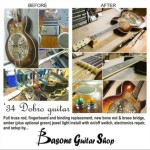This 1934 Dobro guitar came to the shop in bad shape. We gave it 2 new carbon fiber truss rods (non-adjust but for extra support), new ebony fingerboard with matching vintage cream binding, a vintage bone nut and brass compensated bridge (both carved from scratch), fixed all the electronics and gave it a setup. No need to refinish it, kept it aged. The customer wanted to add a jewel light to it, so we installed an amber light to match the vintage look, with an on/off switch. The jewel can be easily changed to a green light instead, depending on the mood.