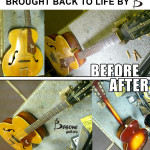 Acoustic guitar repair by Basone. Put neck and body back together, gave it a setup, fret dress, restring, polish. Brought it back to life