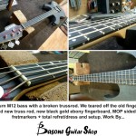 This Washburn M12 bass had a broken trussrod. We were able to tear off the old fingerboard, install new truss rod, new black gold ebony fingerboard, MOP sidedots and fretmarkers + total refret/dress and setup