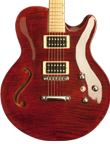 Carved single cut-away chambered Mahogany body, Flamed Maple top with one sound hole. Trans Red finish, Natural binding.