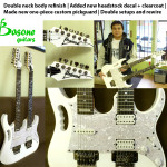 Double neck refinish, added new headstock decal + clearcoat, made new one-piece custom pickguard, double setups and rewire