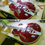 Electronics wiring on Gretsch with faux sound holes, work by Basone