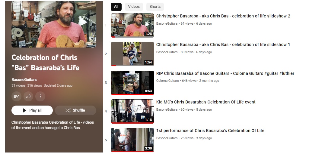 Chris Basaraba's Celebration of Life YouTube Playlist - Aug 10, 2023 at The Heatley Restaurant in Vancouver BC